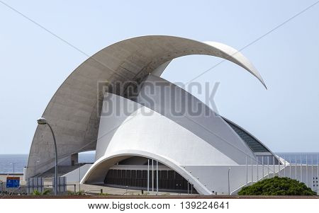 TENERIFE SPAIN - AUGUST 12 2015 : Auditorio de Tenerife - futuristic and inspired in organic shapes building designed by Santiago Calatrava in Santa Cruz de Tenerife Canary Islands Spain