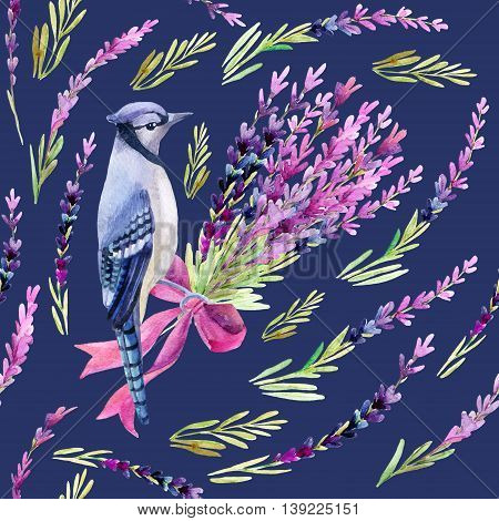 Blue jay with lavender seamless pattern on a vivid blue background. Hand painted watercolor illustration.
