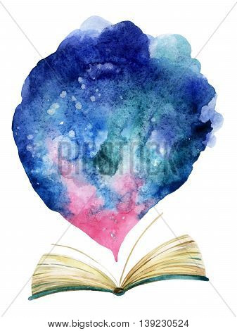 Watercolor open book with magic cloud. The whole world in one book. Hand painted book illustration for educational design