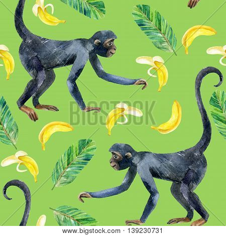 Monkey and banana seamless pattern. A cute monkey and exotic fruits. Watercolor hand painted illustration