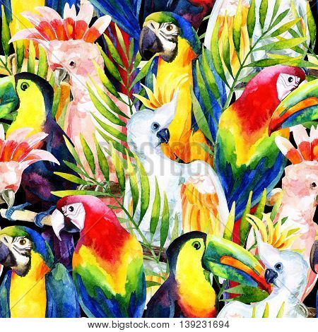 watercolor parrots seamless pattern on black background. Hand painted illustration with different species of parrots and palm leaves