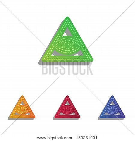 All seeing eye pyramid symbol. Freemason and spiritual. Colorfull applique icons set.