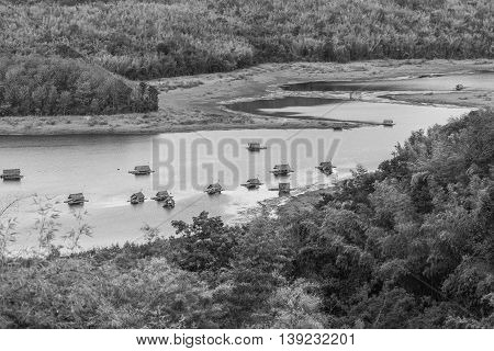 bamboo raft hut in Huay Krating Reservoir., Loie Province, Thailand.