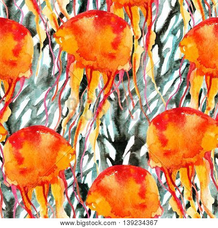 Colorful jellyfish on coral reef background. Watercolor hand painted illustration in vivid colors