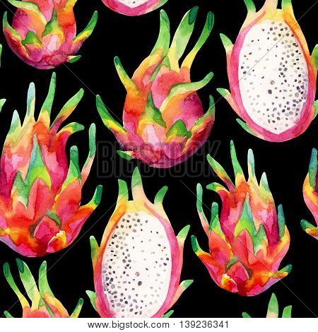 Watercolor dragon fruit seamless pattern on black background. Watercolor pitaya background. Hand painted exotic fruit illustration