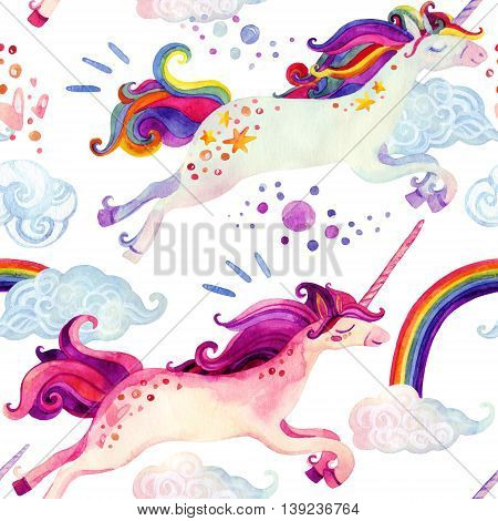 Watercolor little unicorn seamless pattern. Watercolor fairy tale with flying unicorn rainbow magic clouds and rain on white background. Hand painted fairy tale elements for kids children design