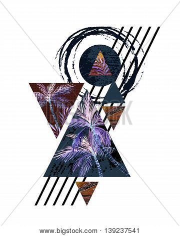 Abstract summer background. Triangles with palm tree leaf and marble grunge textures. Geometric design for t-shirt flyer or poster in retro vintage 80s 90s. Hand painted rave illustration