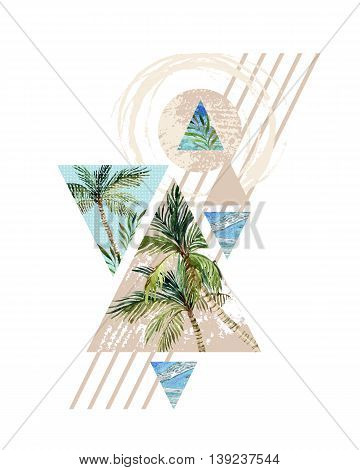 Abstract summer background. Triangles with palm tree leaf and marble grunge textures. Geometric design for t-shirt flyer or poster in retro vintage 80s 90s. Hand painted summer beach illustration