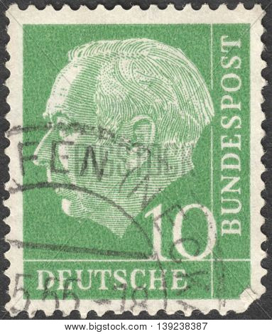 MOSCOW RUSSIA - CIRCA JANUARY 2016: a stamp printed in GERMANY shows a portrait of Theodor Heuss the series 