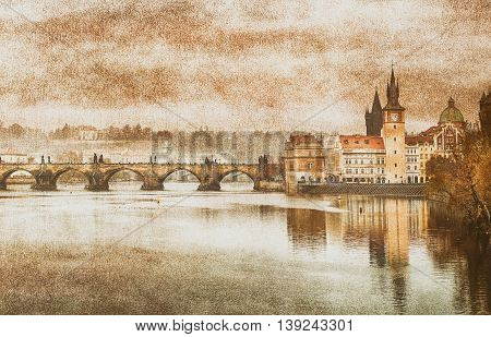 Charles Bridge in Prague (Karluv Most) the Czech Republic. Vintage effect.