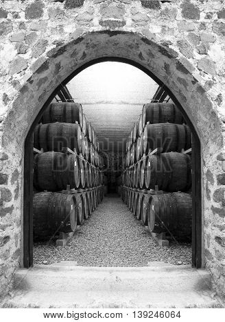 Wine barrels stacked in the old cellar of the winery.