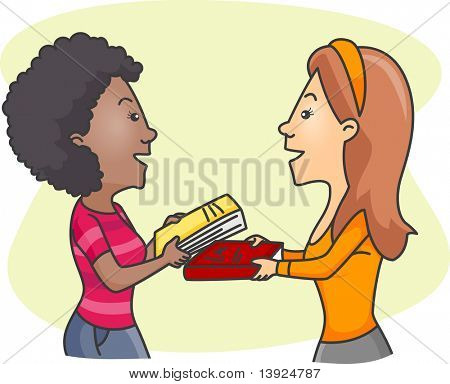 Ilustración de las niñas, intercambio de libros