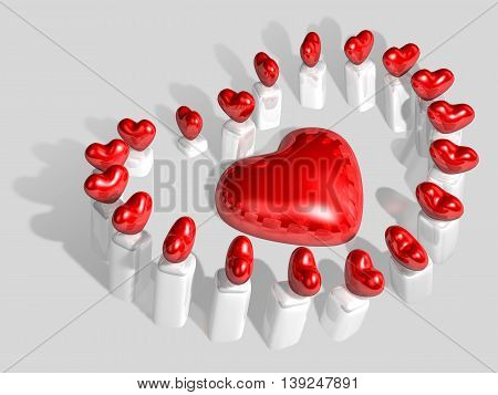 3D Big Heart And Heart Ornament As Candle On White Background