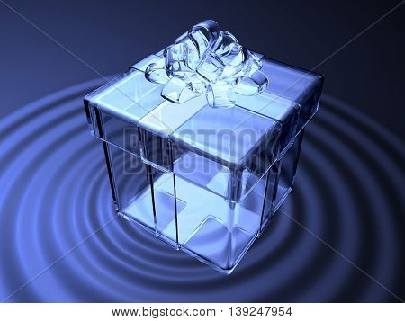 3D Blue Crystal Present Box On Waving Water