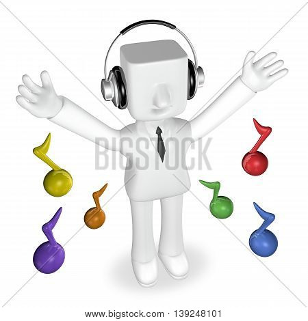 3D Business Man Listening By Big Headphone With Colorful Note