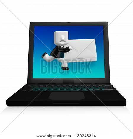 3D Business Man Sanding Letter In Laptop