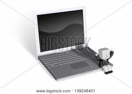 3D Business Man Sitting On The Laptop
