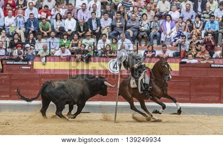 Jaen SPAIN - October 13 2008: Alvaro Montes bullfighter on horseback spanish witch garrocha (blunt lance used on ranches) Jaen Spain