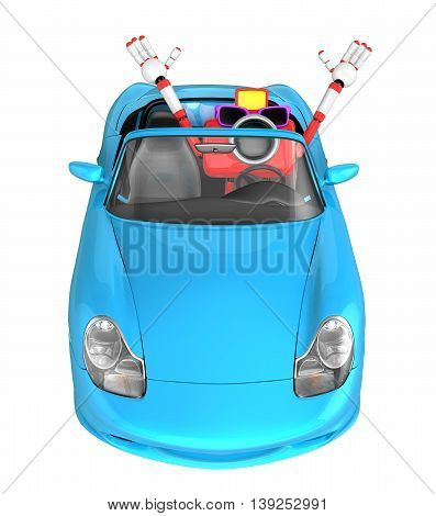 Driving A Cyan Convertible Car In Red Camera Character. Create 3D Camera Robot Series.