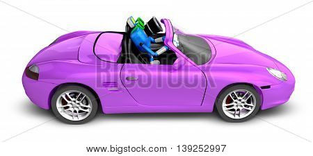 Driving A Purple Sports Car In Biue Camera Character. Create 3D Camera Robot Series.