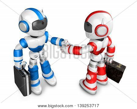 Shake Hands Blue Robot And Red Robot Facing Each Other. Create 3d Humanoid Robot Series.