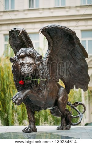 Prague, Czech Republic - October 10, 2014: Winged Lion Memorial in Prague Czech Republic. Monument is expression of British community's lasting gratitude to 2, 500 Czechoslovak airmen who served with RAF between 1940-1945 for freedom of Europe.