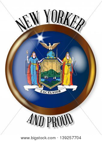 New York state flag button with a circular border over a white background with the text New Yorker and Proud