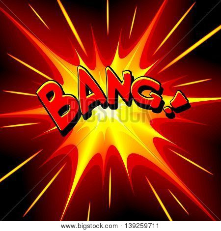 Bang comic cartoon. Vector illustration with yellow-red star on black background and inscription. Explosion template.