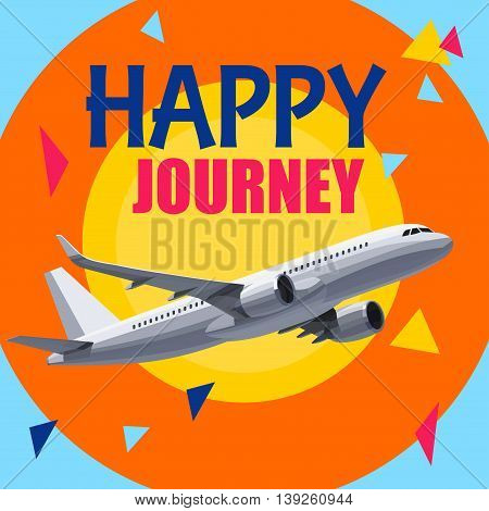 Flying Airplane with Happy Journey Header. Wishes For a Good Trip.Concept For Travel Company Banner PosterVoucherTicketMagazine.