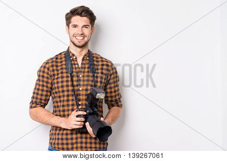 Happy Handsome Man With Professional Camera Isolated On White Background