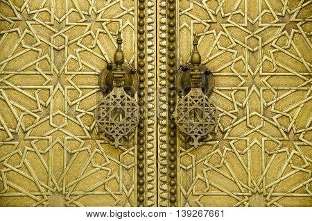 Closeup of Brass Door to Royal Palace (Dar El Makhzen) in Fez Morocco