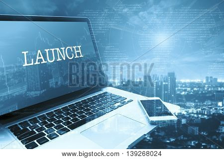 LAUNCH : Grey computer monitor screen. Digital Business and Technology Concept.