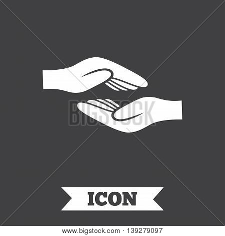 Helping hands sign icon. Charity or endowment symbol. Human palm. Graphic design element. Flat helping hands symbol on dark background. Vector