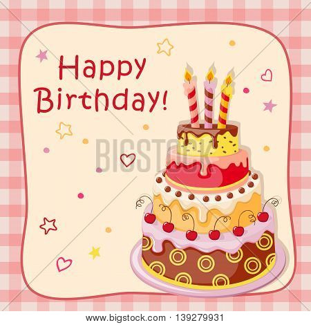 Festive colorful birthday card with cake tier candles text and cherry on the vintage background. eps10.