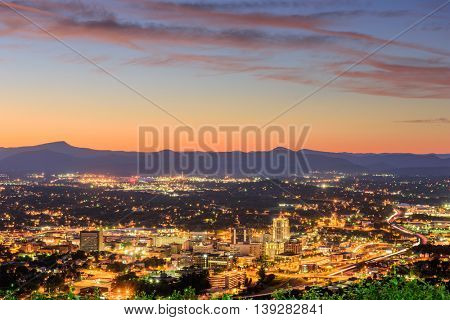 Roanoke, Virginia, USA downtown skyline at dusk.