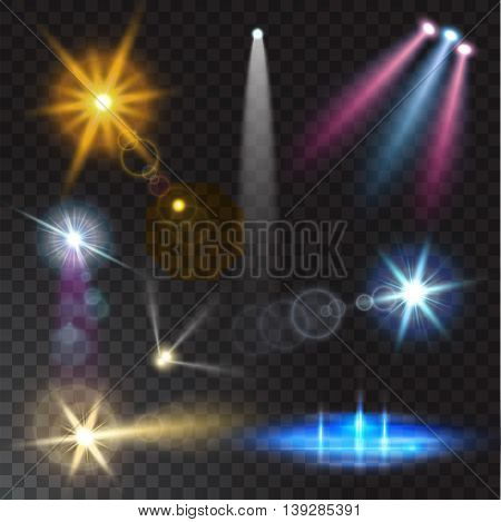 Vector illustration of realistic beam lights on transparent background.