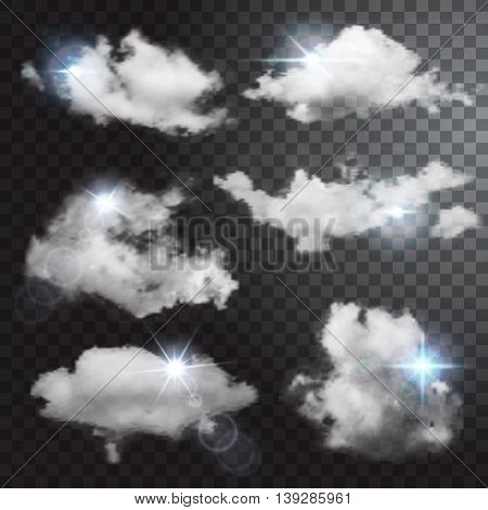 Set of transparent different clouds. Flares. Vector illustration