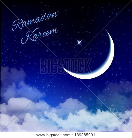 Eid Mubarak background with moon and stars, holy month, Ramadan Kareem. Vector illustration.