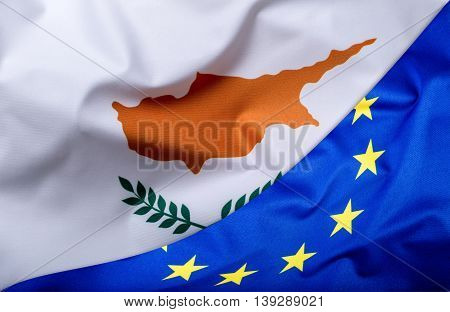 Flags of the Cyprus and the European Union. Cyprus Flag and EU Flag. World flag money concept.