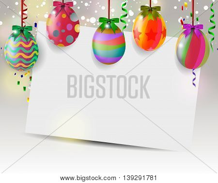 Easter greeting card with colorful eggs hinging