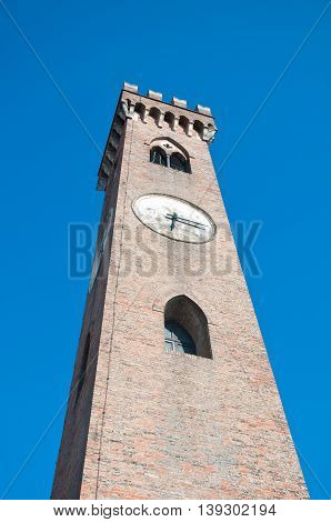 Belltower in the city of Santarcangelo of Romagna. Emilia-Romagna