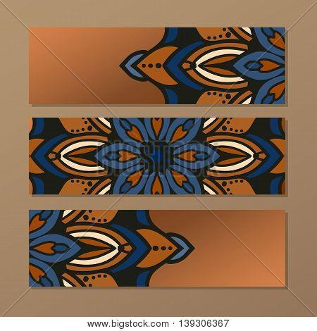 Set Vector Horizontal Banners With Colorful Mandala. Islam, Arabic, Indian, Ottoman Motifs. Oriental