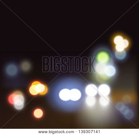 Realistic festival vector lights. Night road blurred background with bokeh lights. City landscape. Vector illustration.
