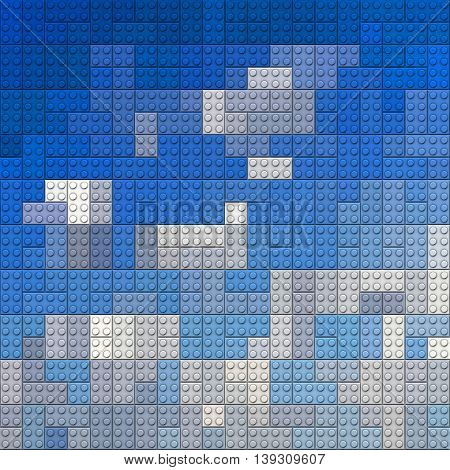 Plastic construction bricks sky lookalike background in blue and white colors
