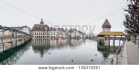 Lucerne Switzerland, 30 November 2014 : Lucerne, a compact city in central Switzerland, sits amid snowcapped mountains on the north end of Lake Lucerne. With its colorful Altstadt (Old Town) and 14th-century Museggmauer city walls, covered bridges includi
