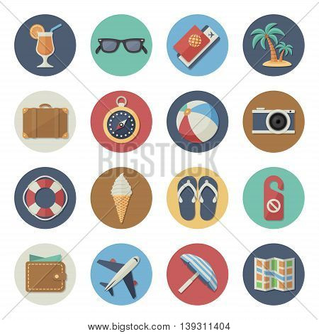 Vector illustration. Flat icon set. Tourism, traveling and beach holidays in simple design. Icon size 256