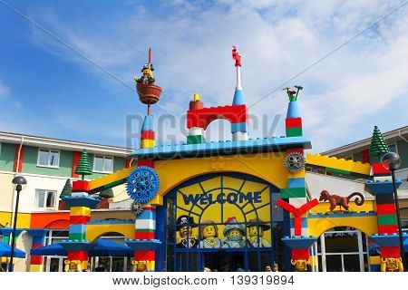 LEGOLAND WINDSOR UK - APRIL 30 2016: The colorful entrance to the Legoland Hotel