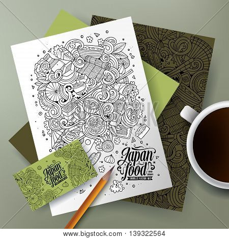 Cartoon cute line art vector hand drawn doodles Japan food corporate identity set. Templates design of business card, flyers, posters, papers on the table.