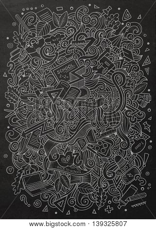 Cartoon vector hand-drawn Doodle on the subject of education. Chalkboard design background with school objects and symbols.