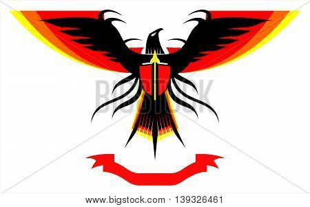 Eagle, falcon with the extended colorful wings and the ribbon at the bottom